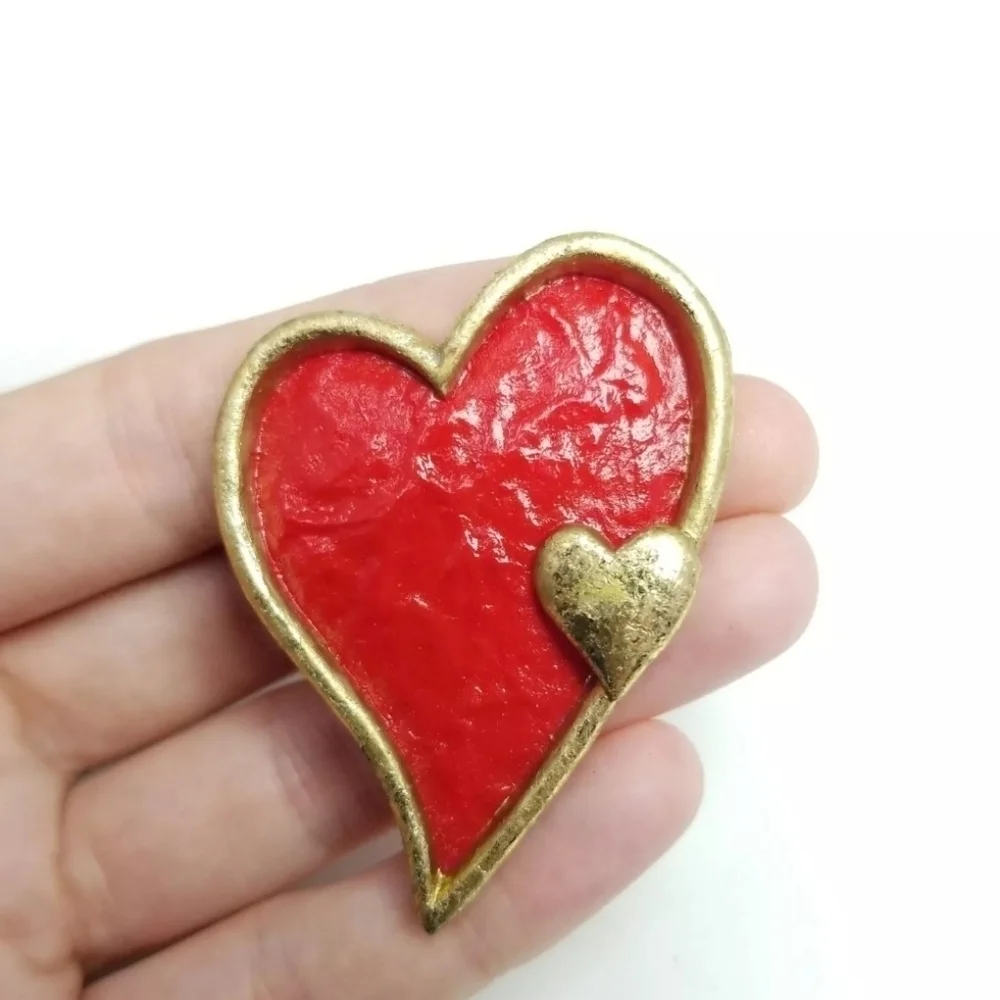 Vintage Big Red Heart Pin with Little Gold Tone Heart, Retro Estate Brooch